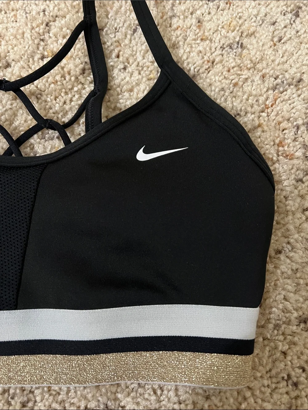 Nike Black Sports Bra with White and Gold Accent Band